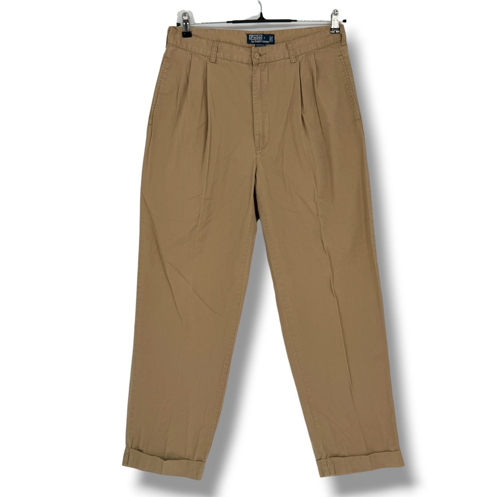 Polo Ralph Lauren Hammond Pant Men 35x30 Tan Pleated Cotton Cuffed Vintage 90s